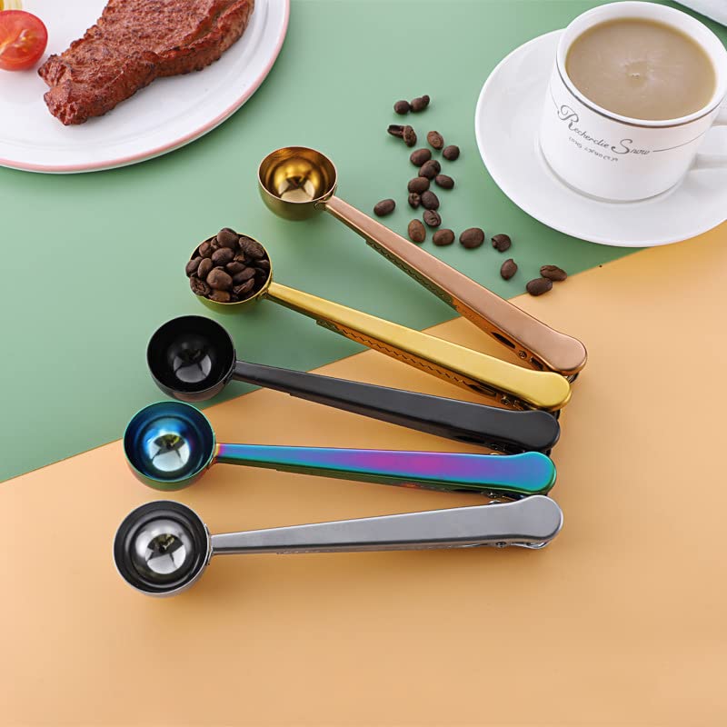  5 Pcak Coffee Scoop Clip, 2-in-1 Stainless Steel Coffee Measuring Spoon With Sealing Clips, Kitchen Craft Long Handle Spoon Bag Clip For Coffee, Milk Powder, Oatmeal, Tea,Spices (Multicolor)