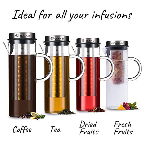  Cold Brew Coffee Maker - Large Glass Infusion Pitcher 1.6 Quarts 52oz - Iced Coffee & Iced Tea Pitcher With Stainless Steel Lid And Mesh Filter & Fruit Infusion Tube - Perfect For Home Or Office