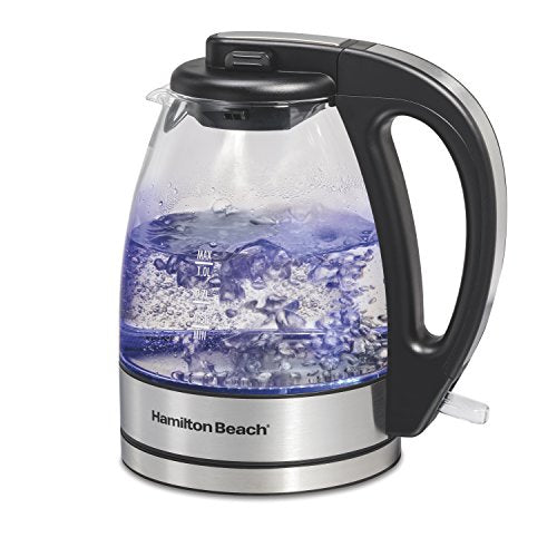 Hamilton Beach Glass Electric Tea Kettle, Clear & Fresh Grind Electric Coffee Grinder For Beans, Spices And More, Stainless Steel Blades, Removable Chamber, Makes Up To 12 Cups, Black