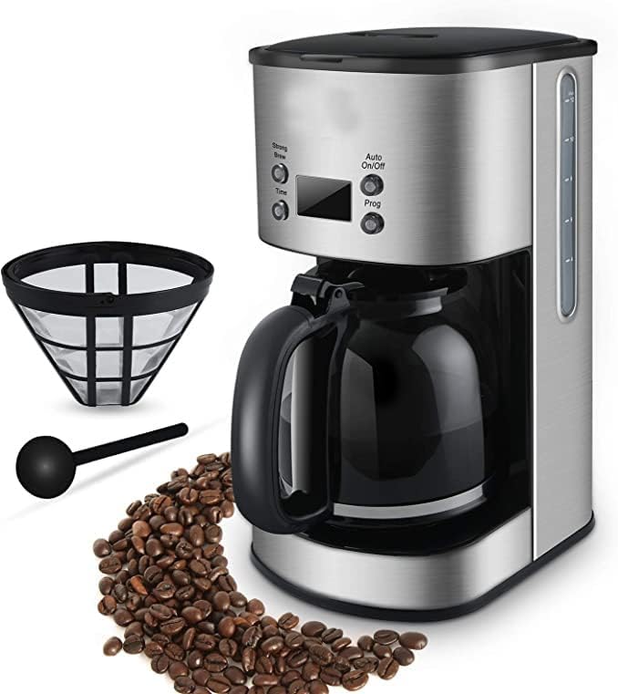  Coffee Maker 12 Cup, Programmable Coffeemaker, Auto Shut-off Coffee Machine, 2 Hours Keep Warm Glass Coffee Pot, Grab-a-cup, LCD Display, Removable Filter,Stainless Steel, 1000W(Silver)