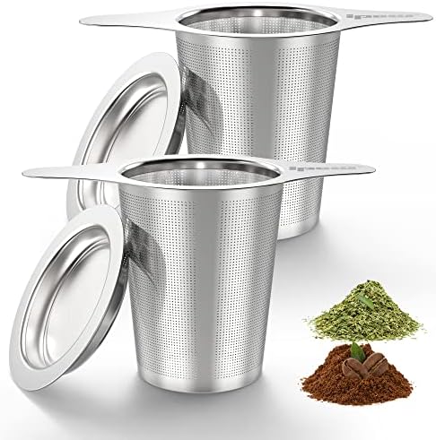  Reusable Stainless Steel Coffee Filter, Paperless Coffee Maker Strainer, Double Fine Mesh Basket For Loose Tea& Ground Coffee, Coaster Lid, Long Handle For Cup, Mug &Teapot