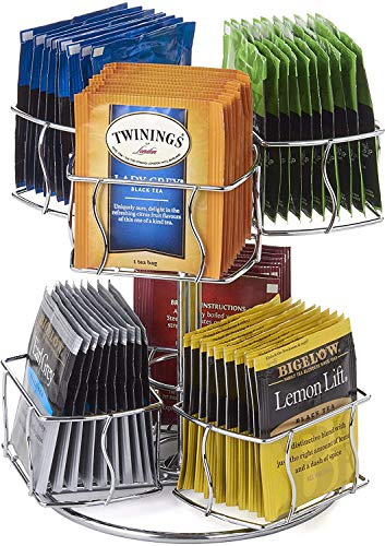  Nifty Tea Bag Spinning Carousel – 6 Compartments, Up To 60 Tea Bags Storage, Spins 360-Degrees, Lazy Susan Platform, Modern Chrome Design, Home Or Office Kitchen Counter Organizer