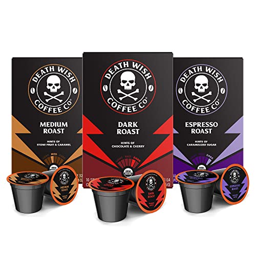  EATH WISH COFFEE - Single Serve Coffee - Extra Kick Of Caffeine - 10 Each Of Medium, Dark, And Espresso Roast - Mixed Roast Variety Pack