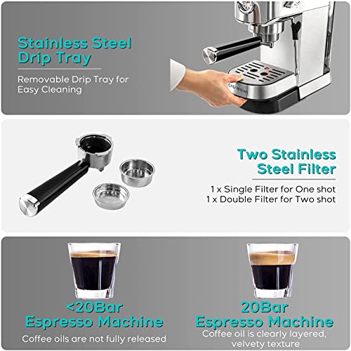 Spresso Machine 20 Bar, Professional Espresso Maker With Milk Frother Steam Wand, Compact Espresso Coffee Machine With Full Stainless Steel Appearance For Cappuccino, Latte, Macchiato, Large Size