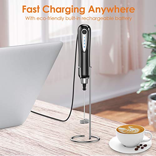  EBRE Electric Milk Frother, Handheld Rechargeable 3 Speed Foam Maker Blender Mixer With Durable Stainless Stand For Coffee, Latte, Cappuccino, Hot Chocolate, Black