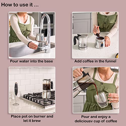  Moka Pot Stovetop Espresso Maker Set, With 9 Cup Coffee Percolator Pot, 2x Glass Coffee Mugs (12oz) And Milk Frother For Coffee. Stove Top Cafetera Greca, Cuban Or Italian Coffee Maker