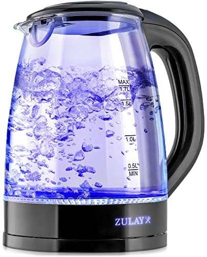  1.7L Glass Electric Kettle With Blue LED Light - Borosilicate Glass Hot Water Kettle Electric - Electric Glass Kettle Water Boiler With Auto Shut-Off And Boil-Dry Protection