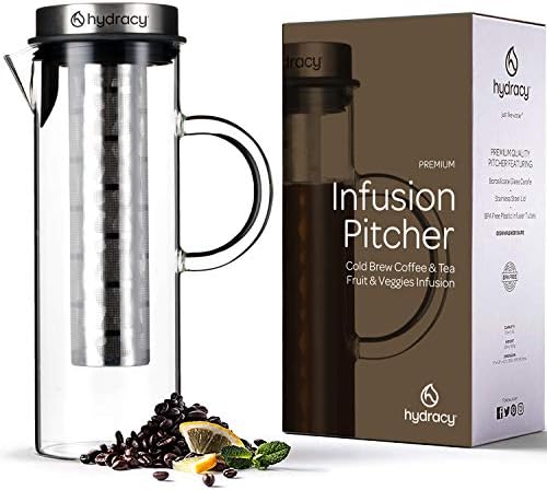  Cold Brew Coffee Maker - Large Glass Infusion Pitcher 1.6 Quarts 52oz - Iced Coffee & Iced Tea Pitcher With Stainless Steel Lid And Mesh Filter & Fruit Infusion Tube - Perfect For Home Or Office