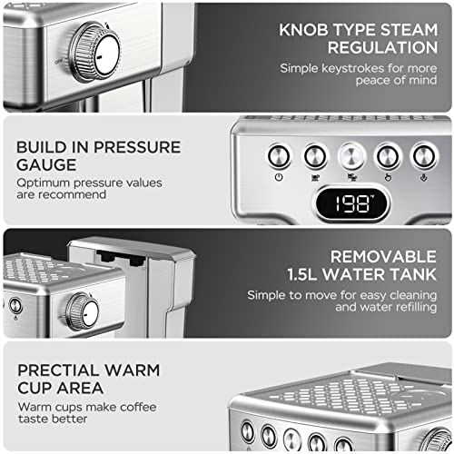  Espresso Machine, 20 Bar Coffee Machine, Fast Heating Automatic, Latte & Cappuccino Maker With Milk Frother Steam Wand, 1.8L Water Tank, Temperature Display