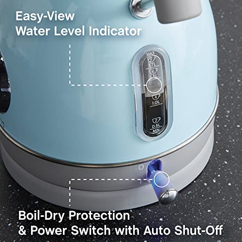 Electric Kettle Retro-Styled Stainless Steel 1500 Watts With Auto-Shutoff & Boil-Dry Protection, 1.7-Liter, Blue