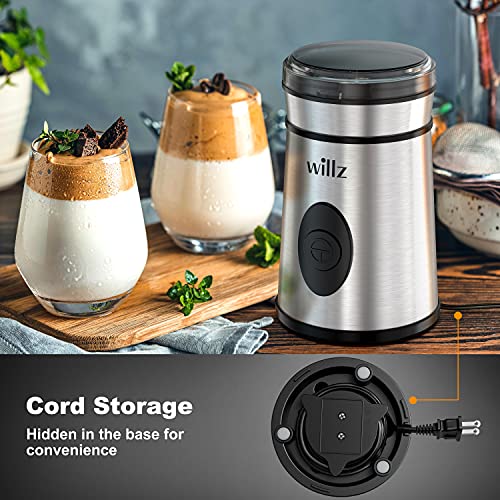  Electric Coffee Grinder For Coffee Beans, Spices, & Herbs With Easy On/Off Button Control, 50g Grinding Capacity, Makes Up To 6 Cups, 200W, Stainless Steel