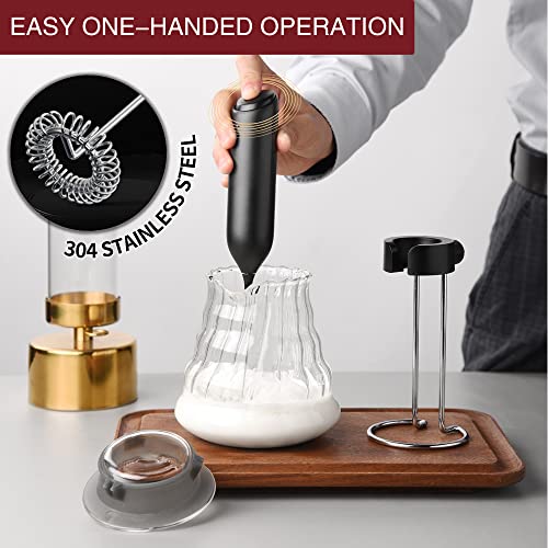  Rechargeable Milk Frother Handheld With Stand - Wall Hanging Or Bracket Storage - Premium Gift Coffee Electric Frother, Electric Whisk For Matcha,Coffee,Frappe,Lattee - Portable Drink Mixer (Black)