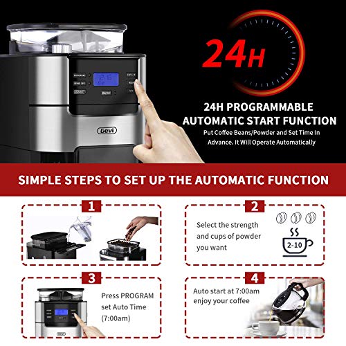  10-Cup Drip Coffee Maker, Brew Automatic Coffee Machine With Built-In Burr Coffee Grinder, Programmable Timer Mode And Keep Warm Plate, 1.5L Large Capacity Water Tank, Removable Filter Basket