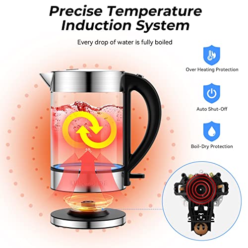  Electric Kettle 1500W,1.7L Borosilicate Glass Tea Kettle With LED Light, Water Kettle Electric Fast Boiling, Auto Shut-Off And Boil-Dry Protection, BPA Free