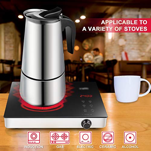  Moka Pot - Stovetop Espresso Maker For 6 Cups, Stainless Steel Coffee Maker Espresso Pot With Safety Valve - 10 Oz