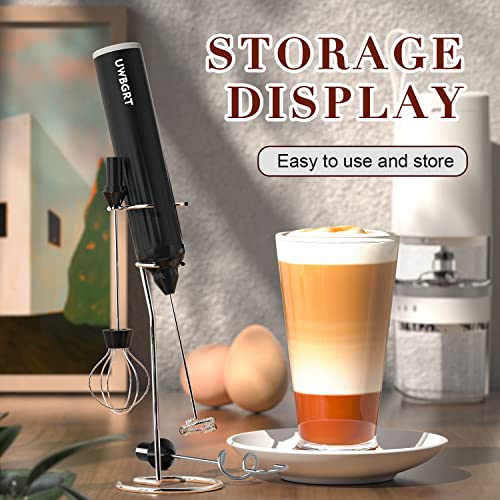  Milk Frother With Stand, Handheld Foam Maker, Type-C Rechargeable With 3 Stainless Whisks 3-Speed Adjustable For Coffee, Hot Chocolate, Milkshakes, Egg，oatmeal (Black)