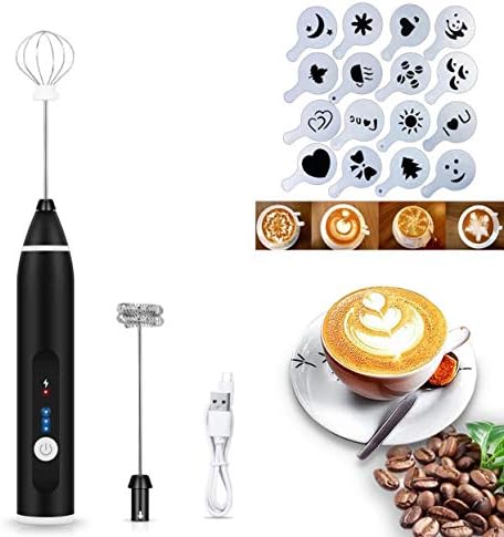  Electric Milk Frother Handheld Milk Foamer With 16 Pcs Art Stencils, USB Rechargeable Coffee Frother 3 Speeds Milk Whisk 2 In 1 Egg Beater Perfect For Coffee, Latte, Cappuccino
