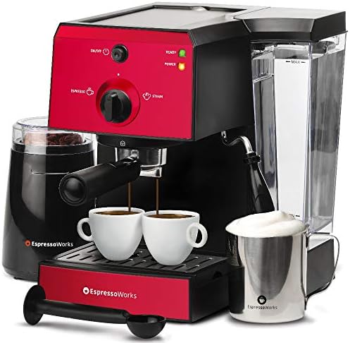  Machine & Cappuccino Maker With Milk Steamer- 7 Pc All-In-One Barista Bundle Set W/ Built-In Milk Frother (Inc: Coffee Bean Grinder, Milk Frothing Cup, Spoon/Tamper & 2 Cups), Silver