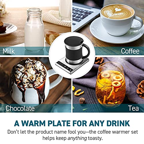 Coffee Mug Warmer & Mug Set, Beverage Cup Warmer For Desk Home Office Use, Coffee Gifts, Electric 24 Watt, Touch Tech & LCD Digital Display, 304 Stainless Steel, 17 Oz, Mug Lid