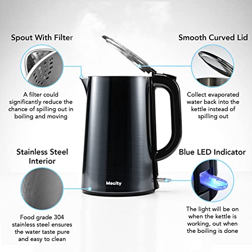  Electric Kettle 100% Stainless Steel Interior Fast Heating Water Kettle Double Wall Kettle Water Boiler, Cool Touch Auto Shut Off, 57 Ounce, 120V, 1500W