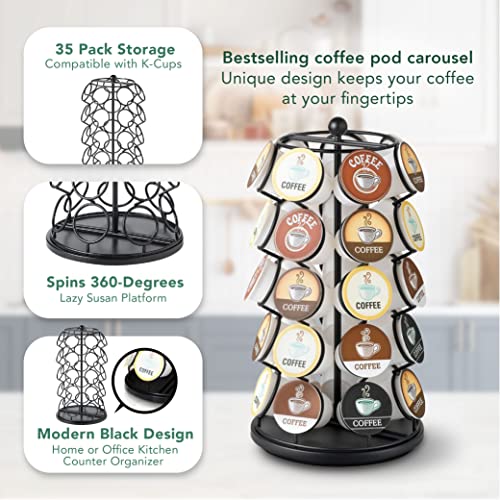  Nifty K Cup Holder – Compatible With K-Cups, Coffee Pod Carousel | 35 K Cup Holder, Spins 360-Degrees, Lazy Susan Platform, Modern Black Design, Home Or Office Kitchen Counter Organizer