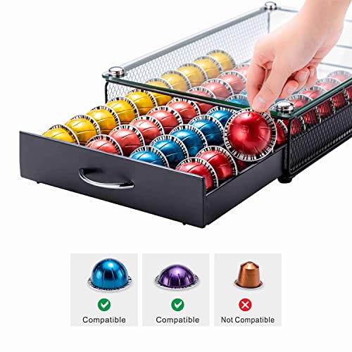  Nespresso Pod Holder, Glass Top Vertuo Pod Holder Storage, Black Nespresso Vertuo Coffee Pod Holder Drawer, 40 Pods