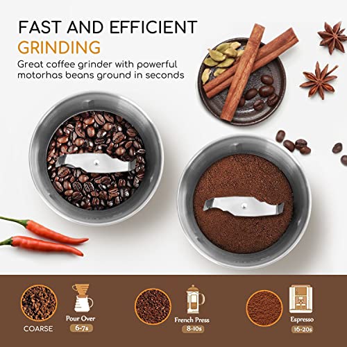  Coffee Grinder Electric, 160W Detachable Coffee Bean And Spice Grinders, Stainless Steel Blade & Removable Bowl, Easy Cleaning, 2.6 OZ, Black