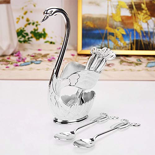  Coffee Spoon Holder Set, Elegant Swan Base Holder Dessert Scoop Serving Spoon Organizer Decorative European Style Metal Flatware Tableware With 6pcs Ice Cream Spoons (Silver White)