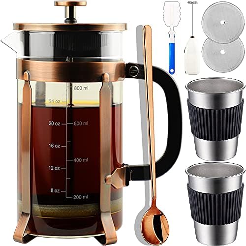  French Press Coffee Maker 8 Cups 34 Oz 304 Stainless Steel Coffee Press With 4 Filter Screens, Easy Clean Heat Resistant Borosilicate Glass - Free 100% BPA (A-Style-Copper-3A, 34 Oz)