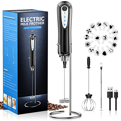  Milk Frother Handheld, USB Rechargeable 3 Speeds Mini Electric Milk Foam Maker Blender Mixer For Coffee, Latte, Cappuccino, Hot Chocolate, Egg Whisks & Stainless Steel Stand Included