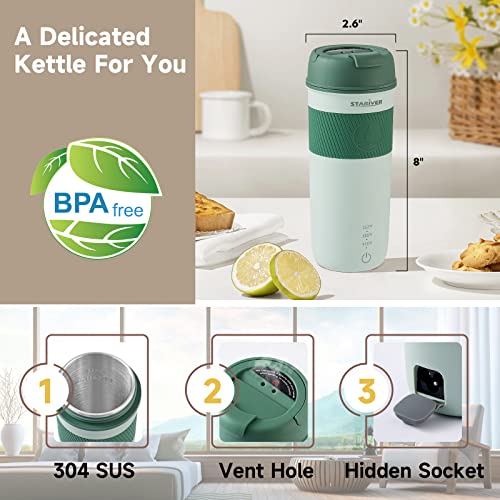  Travel Electric Kettle, 350ML Portable Electric Tea Kettle BPA-Free, Small Electric Kettle With 3 Temp Setting, Hot Water Boiler With Keep Warm, 304 Stainless Steel And Fast Boil, Green
