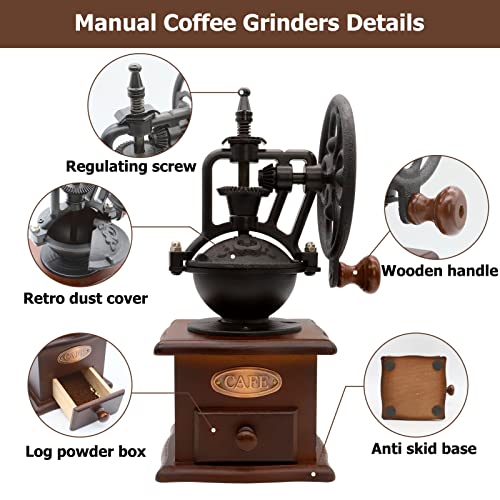  Manual Coffee Grinder, Untimaty Vintage Style Wooden Hand Grinder Hand Coffee Grinder Antique Cast Iron Roller Classic French Press Coffee Mill Hand Crank Coffee Grinders With Brush