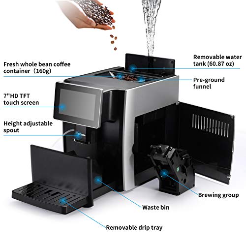  Hipresso Super-automatic Espresso Coffee Machine With Large 7 Inches HD TFT Display For Brewing Americano,Cappuccino, Latte, Macchiato,Flat White, Espresso Drinks