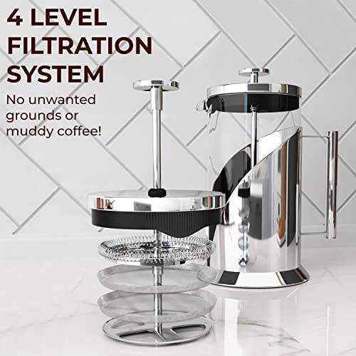  The Original Glass French Press Coffee Maker By Cafe Du Chateau - Versatile Coffee Press, Tea Press W/ 4 Level Filtration, Easy To Clean, BPA Free French Press Stainless Steel Coffee Maker (34oz)