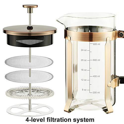  French Press Coffee Maker 8 Cups 34 Oz 304 Stainless Steel Coffee Press With 4 Filter Screens, Easy Clean Heat Resistant Borosilicate Glass - Free 100% BPA (A-Style-Copper-3A, 34 Oz)