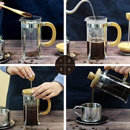  12 Oz French Press Coffee/Tea Maker Single Cup Espresso Press Stainless Steel Filter 0.35L High Borosilicate Carafe Durable Bamboo Handle Small Coffee Maker