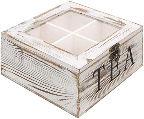  MyGift Rustic Gray Solid Wood Tea Storage Organizer Box With 4 Compartments, Tea Bag Chest With Clear Acrylic Lid And Latch