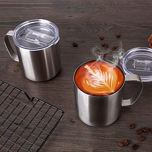  Stainless Steel Non-Insulated Coffee Mug With Handle And Lid, 13.5 Oz Single Wall, Flat Bottom, Allow Higher Heat Transfer From Cup Warmer (Sliver, 1)