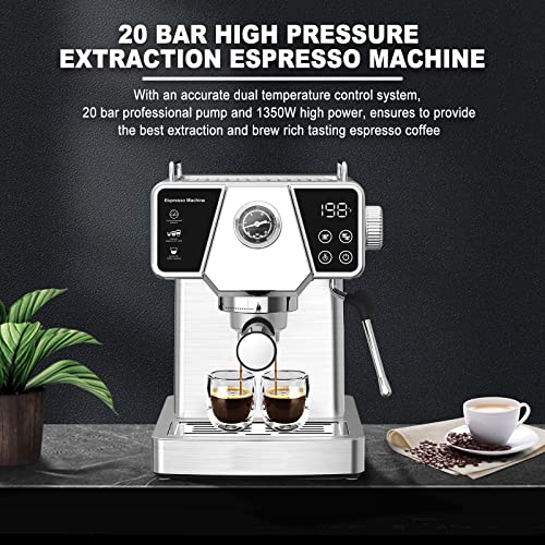  20 Bar Espresso Machine - Espresso And Cappuccino Latte Maker With Milk Frother Steam Wand - Espresso Coffee Machine For Home - 1350W - Stainless Steel