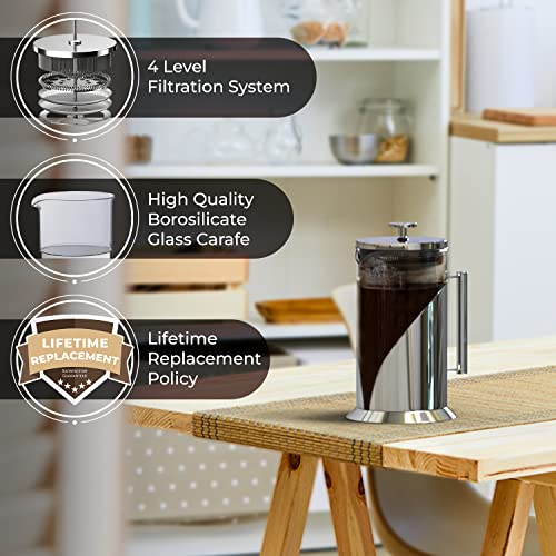  The Original Glass French Press Coffee Maker By Cafe Du Chateau - Versatile Coffee Press, Tea Press W/ 4 Level Filtration, Easy To Clean, BPA Free French Press Stainless Steel Coffee Maker (34oz)