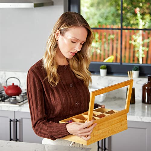  Big Natural Bamboo Tea Storage Organizer With Clear Acrylic Top Window, 8 Compartments Eco-Friendly Tea Bag Holder, Multi-Functional Storage Box