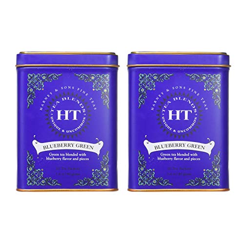  On's Blueberry Green Tea Tin 20 Sachets (1.4 Oz Ea, Two Pack) - Green Tea Blend With Real Blueberry Flavor And Pieces (Hot Or Iced) - 2 Pack 20ct Sachet Tins (40 Sachets)