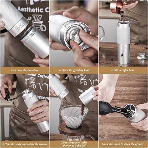  Portable Manual Coffee Grinder Set With Bag And 2 Cleaning Tools,Adjustable Coffee Bean Grinder With CNC Stainless Steel Seven Conical Burr,Great For French Press, Espresso,More (Silver)