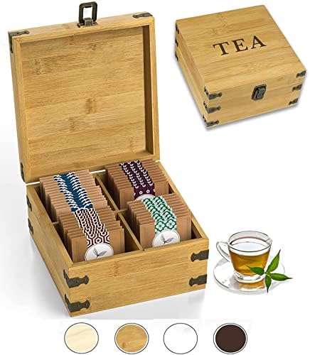  Large Wooden Tea Organizer Box, Big 14" Bamboo Storage Chest | 8-Compartment Tall, Adjustable Shelves | 100% Handmade Craft Eco-Friendly Natural Décor