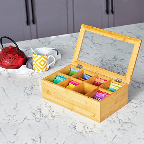  Big Natural Bamboo Tea Storage Organizer With Clear Acrylic Top Window, 8 Compartments Eco-Friendly Tea Bag Holder, Multi-Functional Storage Box