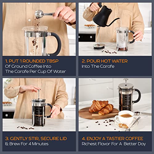  French Press Coffee Maker - Large, Borosilicate Glass Carafe, Brews Fresh Coffee, Coffee Press Cold Brew Or Tea Without Grounds - Makes 4 Cups - Includes Extra Filter, Measuring Spoon & Cleaning Brush