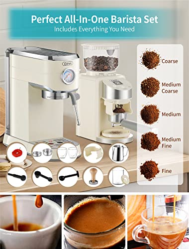  20 Bar Compact Professional Espresso Coffee Machine With Milk Frother For Espresso, Latte And Cappuccino Burr Coffee Grinder With 35 Precise Grind Settings, Beige