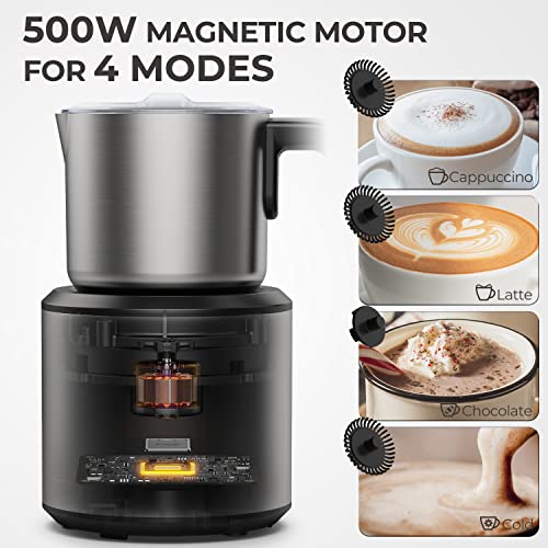  Milk Frother, 4 In 1 Electric Milk Frother Stainless Steel, 8.4oz/250ml Detachable Milk Steamer, 500W Cold/Hot Foam Maker For Coffee, Cappuccino, Latte, Chocolate, Auto-off & Easy Cleaning,120V