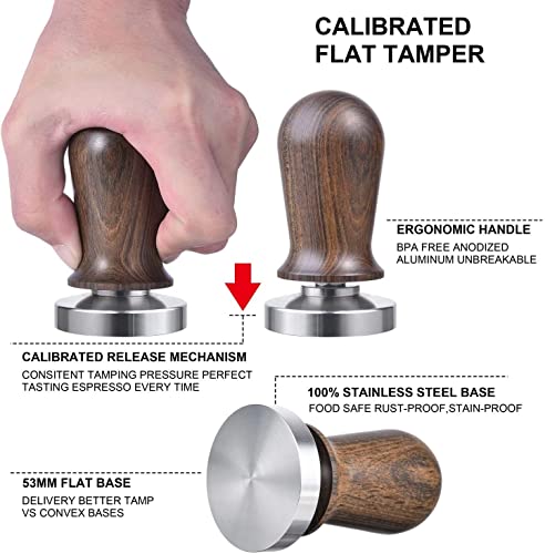  NHUNI Calibrated Espresso Tamper, Calibrated Coffee Tamper With Spring Loaded Wooden Handle Stainless Steel Flat Base (Color : E, Size : 53mm)