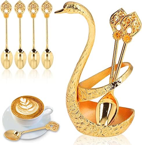  LIZEALUCKY Coffee Spoon Holder Coffee Dessert Spoon Set Metal Swan Base Holder Spoon Organizer With 6pcs Ice Cream Spoons Teaspoons Coffee Dessert Flatware (Silver)